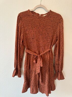 Long Sleeve Rust Smocked Waist Dress - Brand